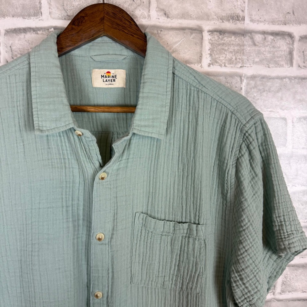 Marine Layer Mens XL Sage Green Double Gauze Cotton Short Sleeve Button Down